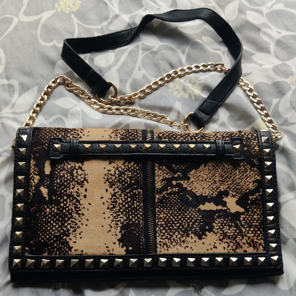 Studded Black and Animal Print Envelope Clutch